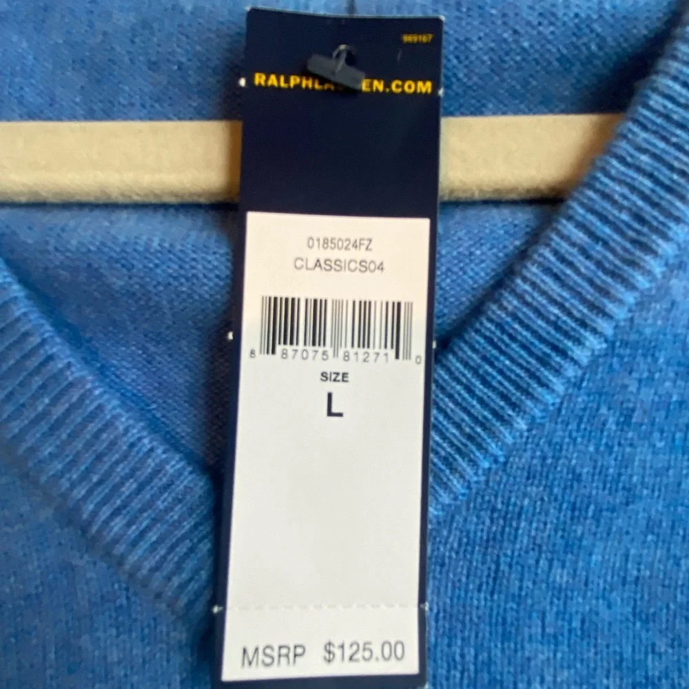 Polo Ralph Lauren Men's Blue V-Neck Sweater 100% Merino Wool SZ Large - Picture 3 of 6